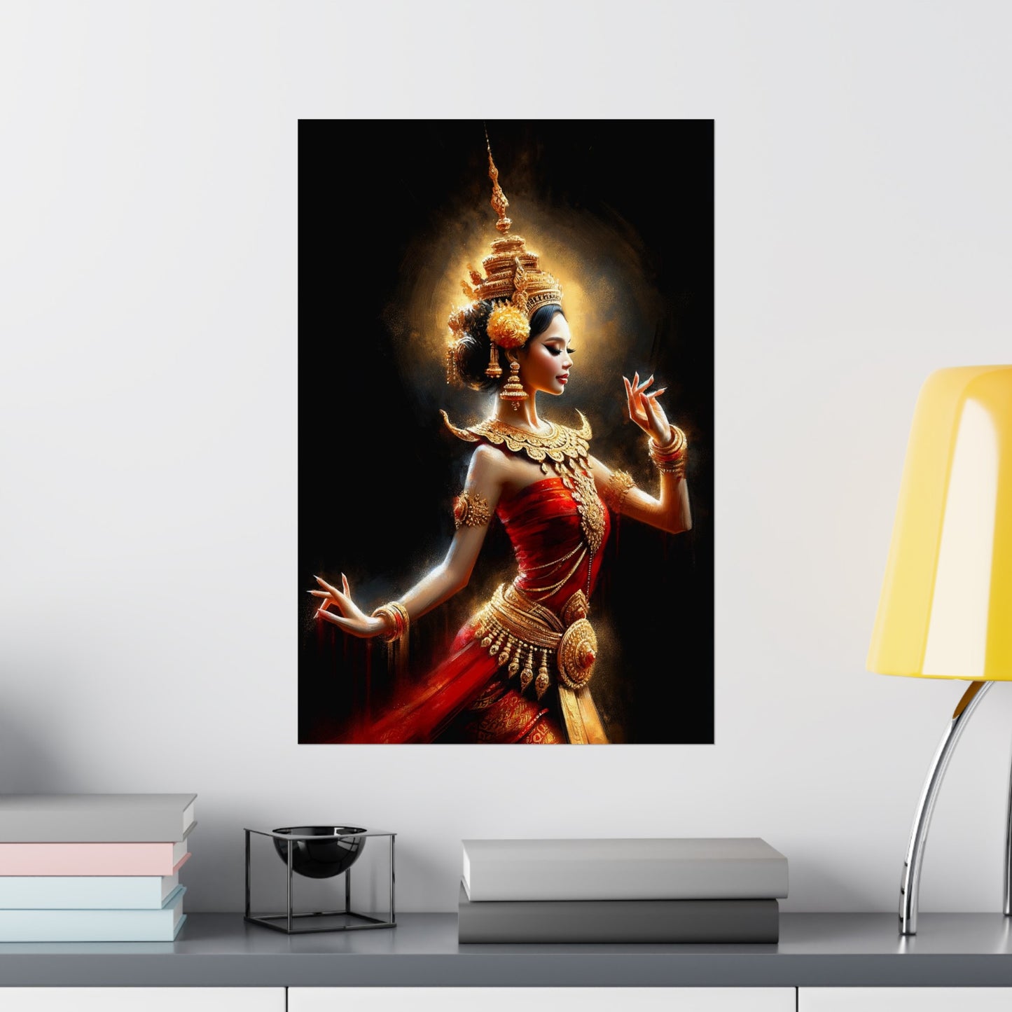 Matte Poster - Cambodian Red and Gold Apsara Dancer Print - Traditional Modern Khmer Art on Matte Poster