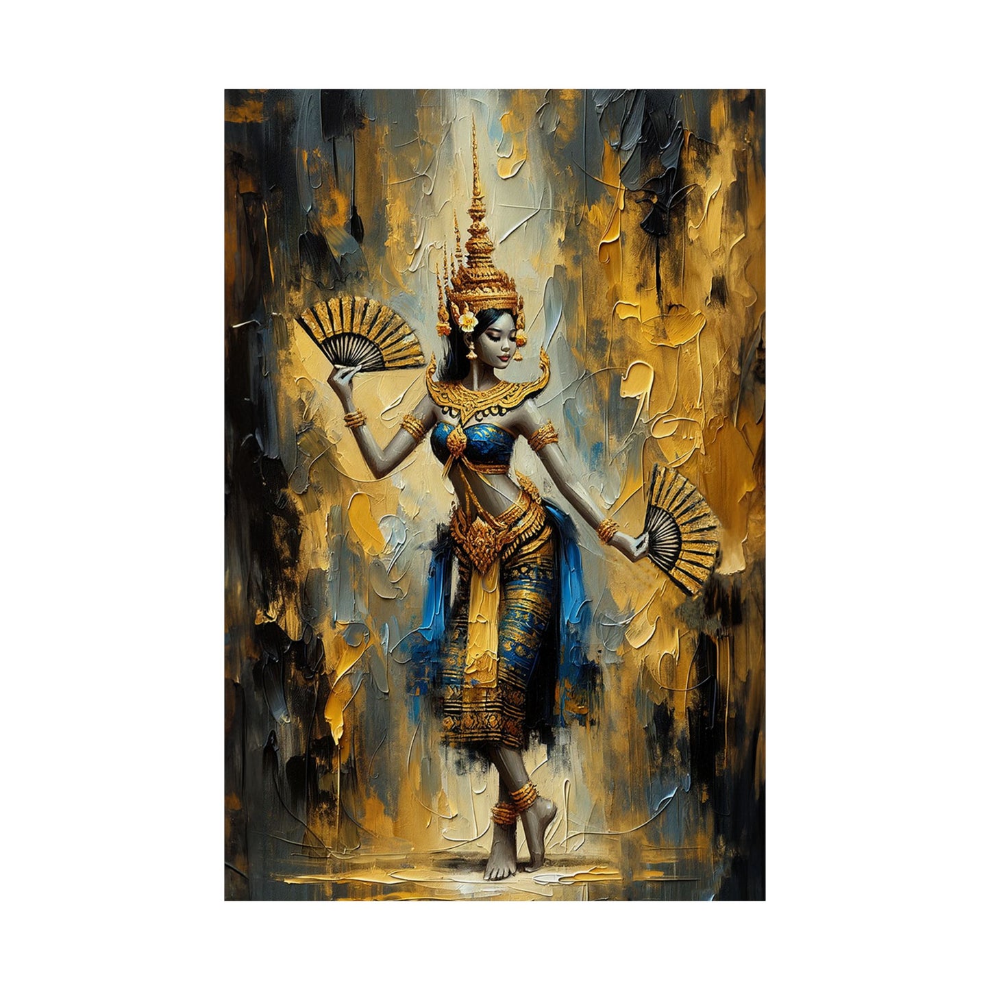 Matte Poster - Cambodian Blue and Gold Apsara Dancer with Fans Print - Traditional Modern Khmer Art on Matte Poster