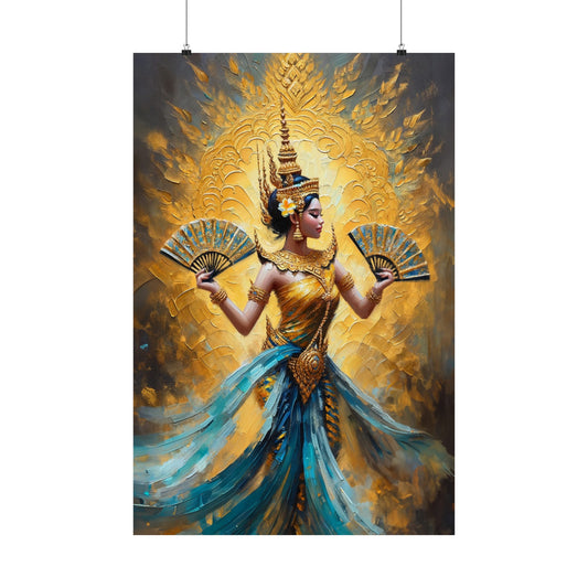Matte Poster - Vertical - Blue and Gold - Cambodian Apsara Dancer Print - Traditional Modern Khmer Art on Matte Poster -