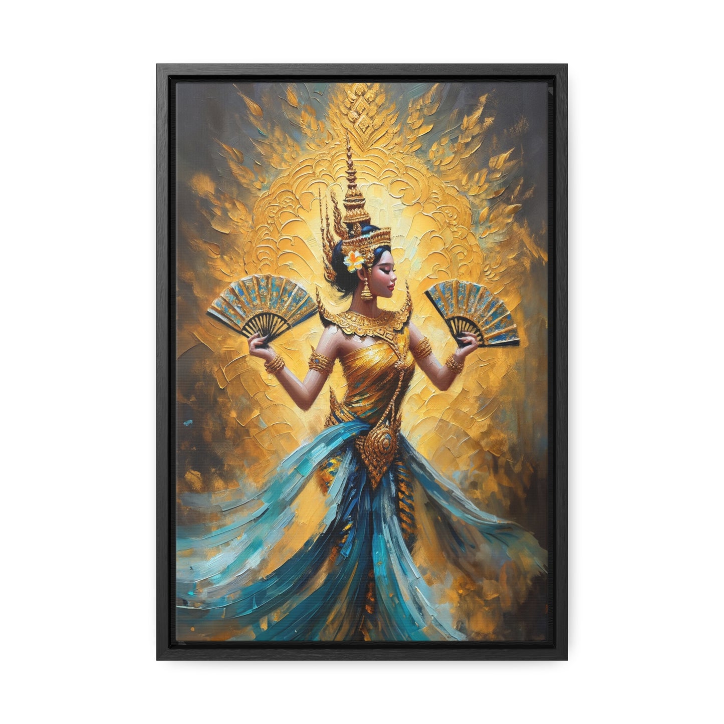 Framed Canvas - Blue and Gold - Cambodian Apsara Dancer Print - Traditional Modern Khmer Art  on Canvas