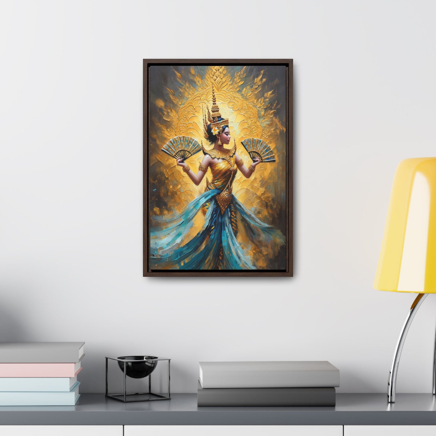 Framed Canvas - Blue and Gold - Cambodian Apsara Dancer Print - Traditional Modern Khmer Art  on Canvas