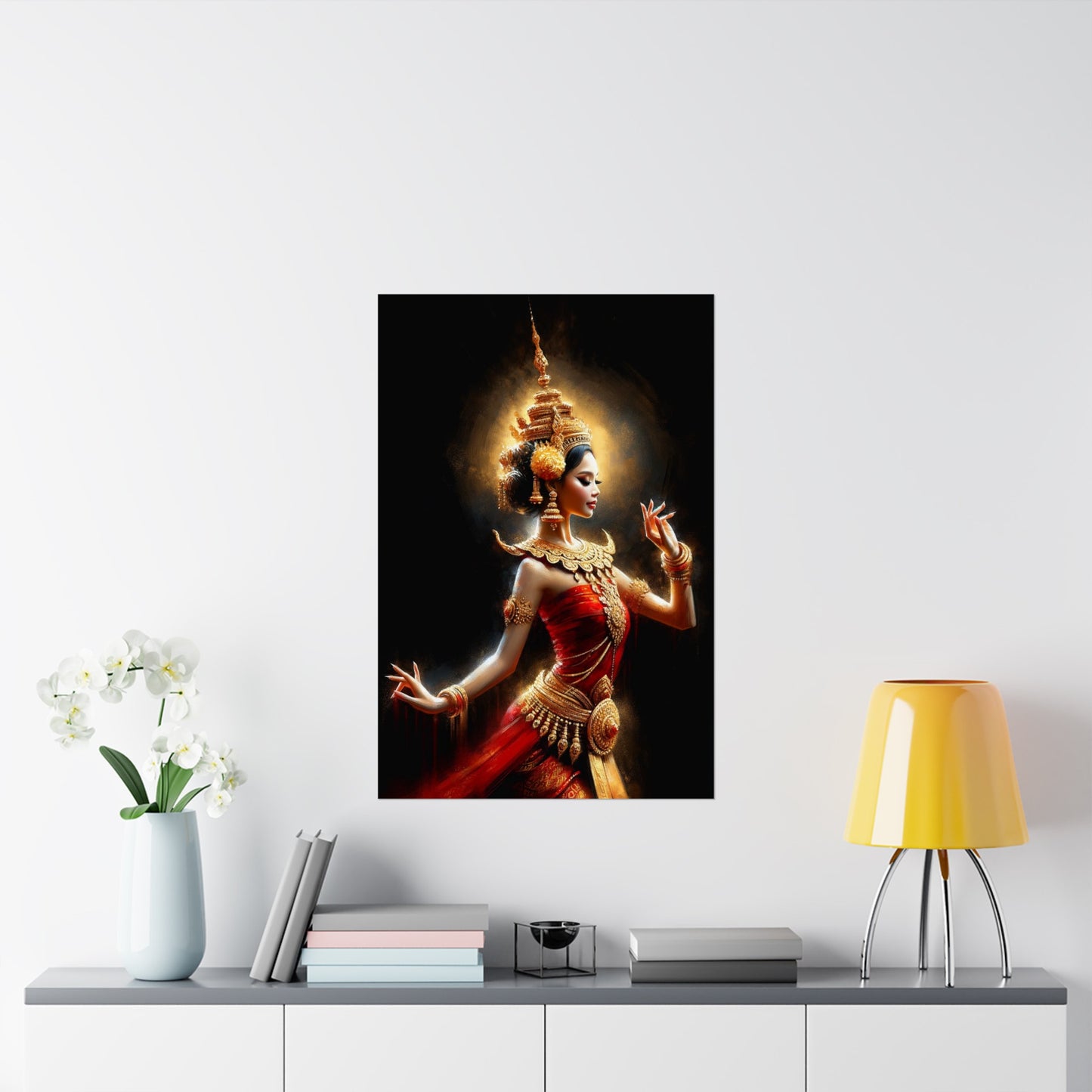 Matte Poster - Cambodian Red and Gold Apsara Dancer Print - Traditional Modern Khmer Art on Matte Poster