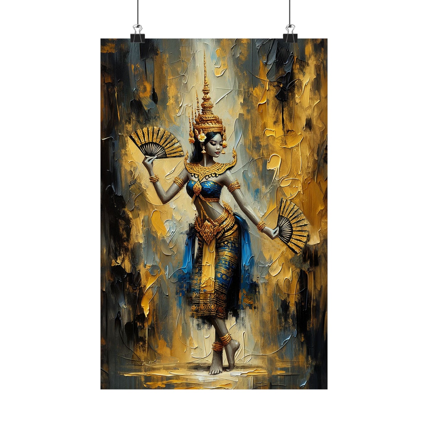 Matte Poster - Cambodian Blue and Gold Apsara Dancer with Fans Print - Traditional Modern Khmer Art on Matte Poster