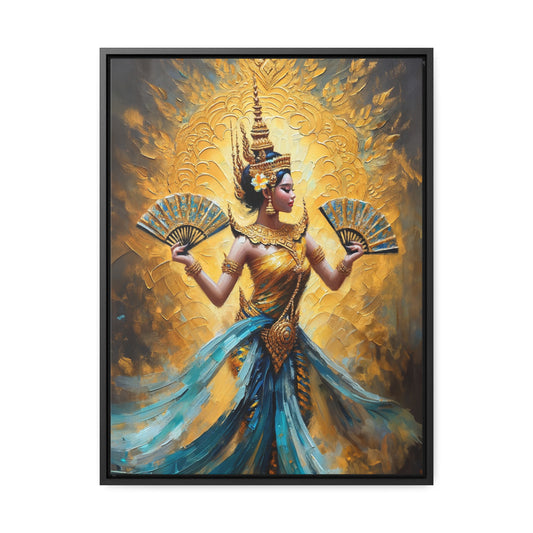 Framed Canvas - Blue and Gold - Cambodian Apsara Dancer Print - Traditional Modern Khmer Art  on Canvas
