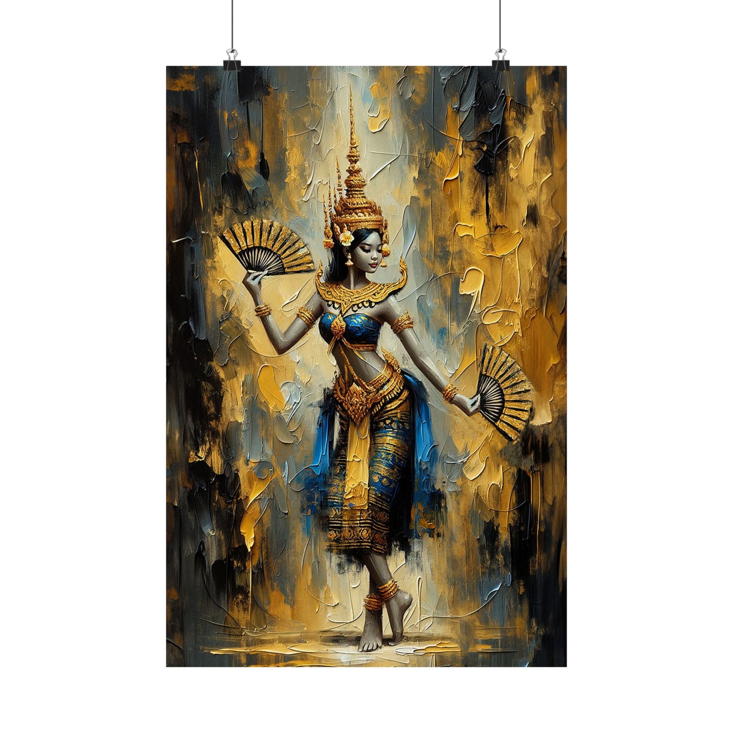 Matte Poster - Cambodian Blue and Gold Apsara Dancer with Fans Print - Traditional Modern Khmer Art on Matte Poster