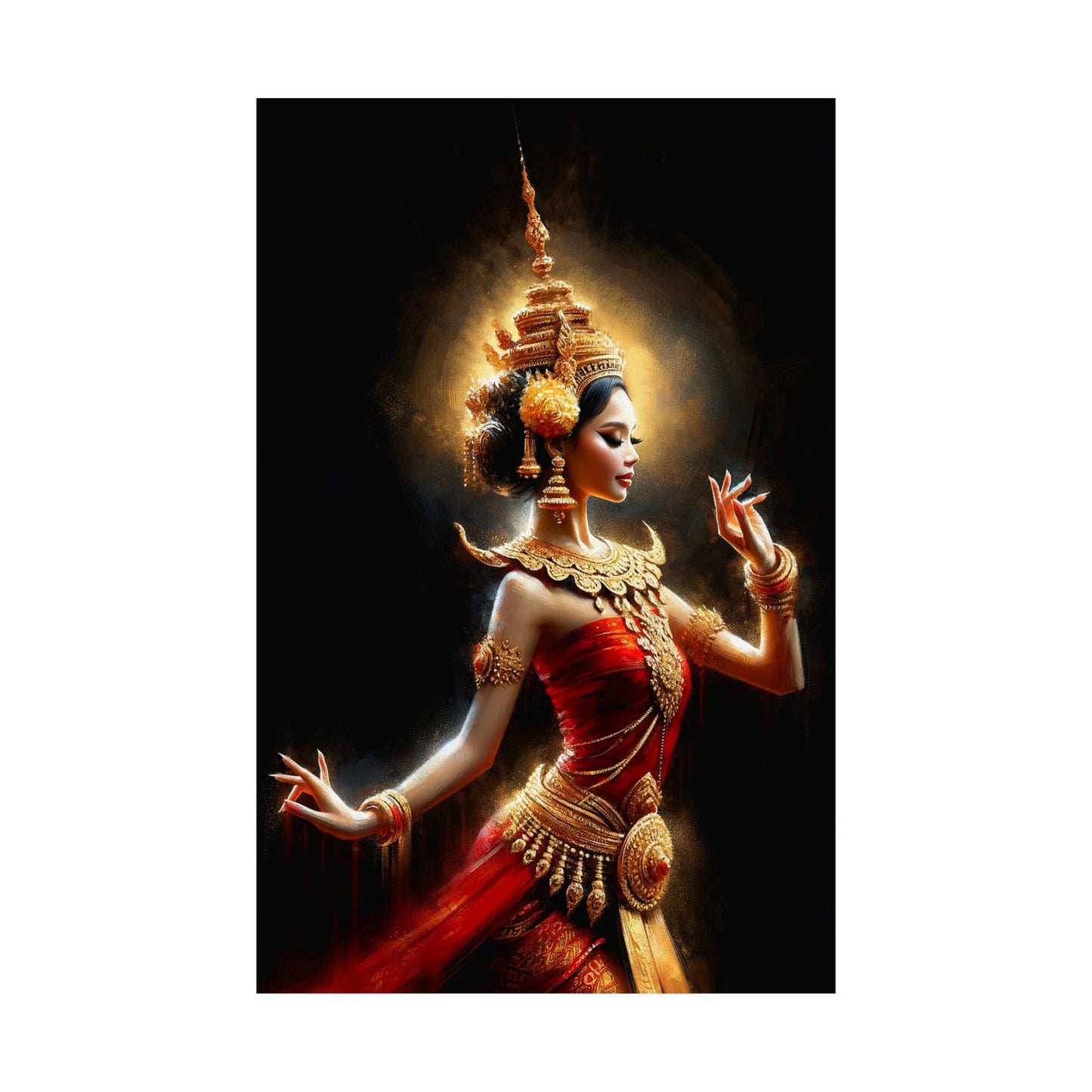 Matte Poster - Cambodian Red and Gold Apsara Dancer Print - Traditional Modern Khmer Art on Matte Poster