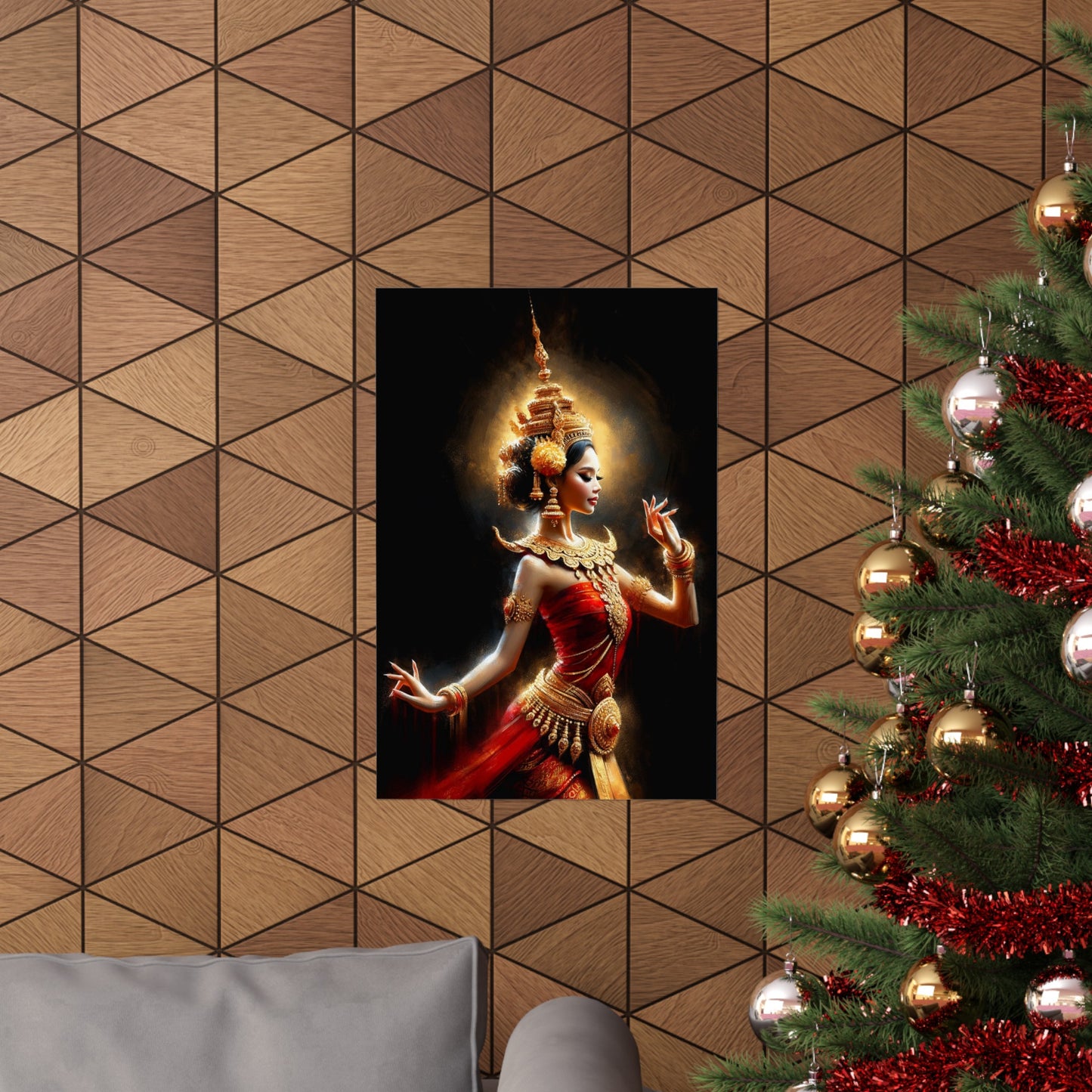 Matte Poster - Cambodian Red and Gold Apsara Dancer Print - Traditional Modern Khmer Art on Matte Poster