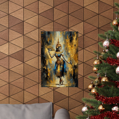 Blue & Gold Apsara Dancer with Fans Matte Poster — product view 9