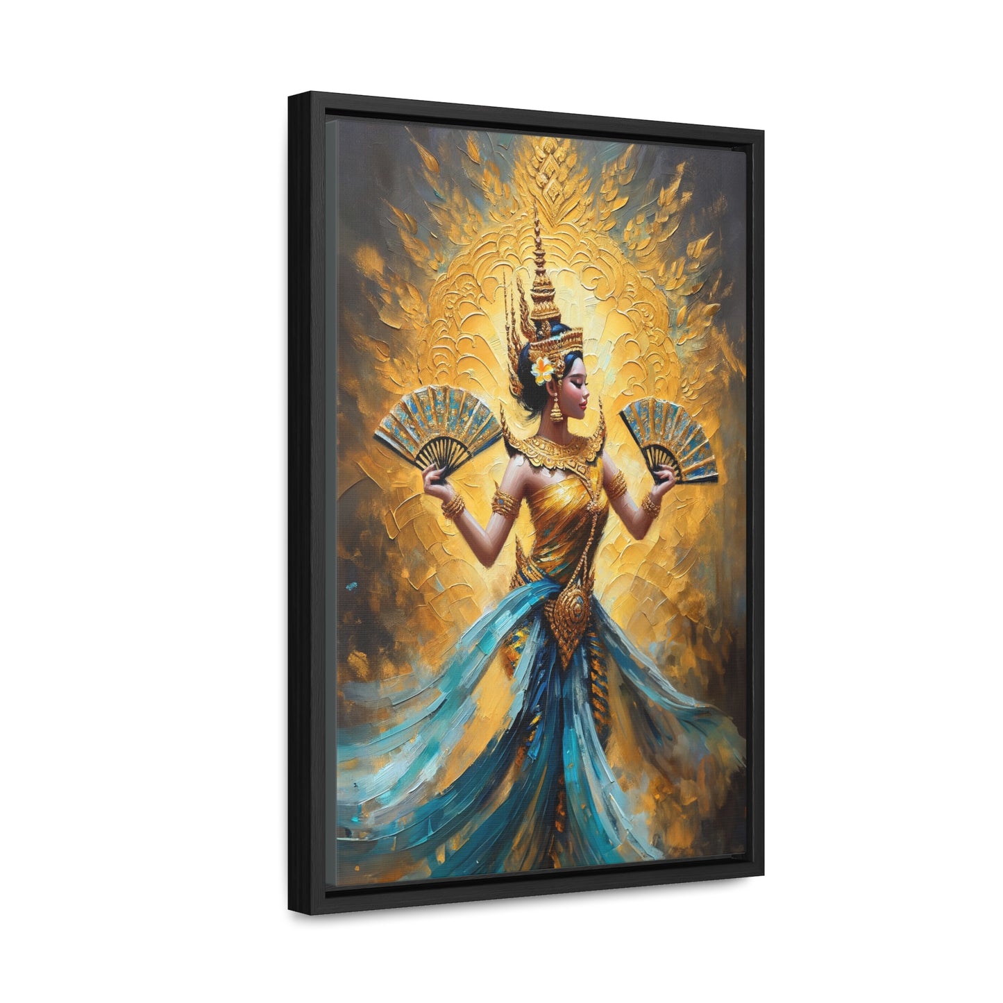 Framed Canvas - Blue and Gold - Cambodian Apsara Dancer Print - Traditional Modern Khmer Art  on Canvas