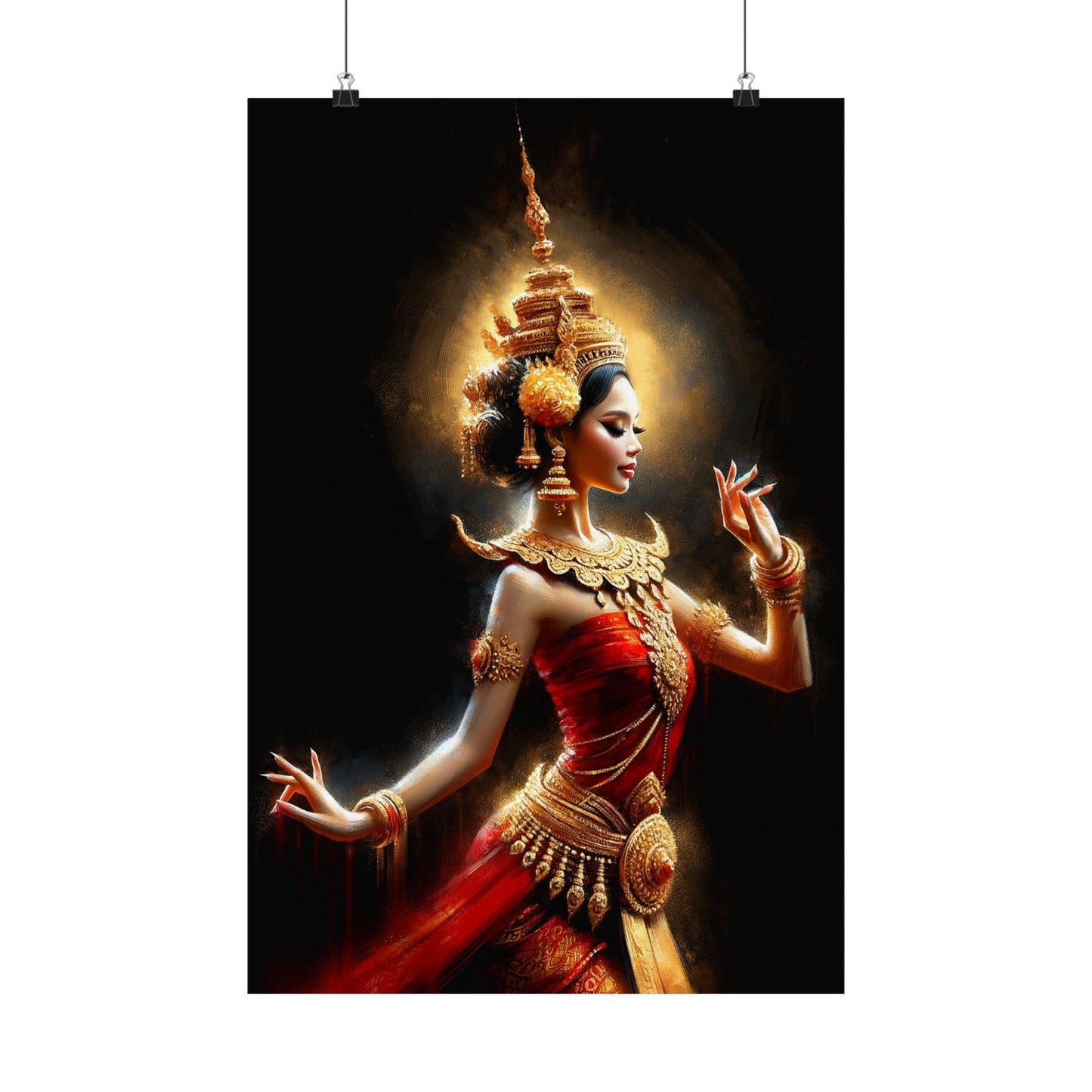 Matte Poster - Cambodian Red and Gold Apsara Dancer Print - Traditional Modern Khmer Art on Matte Poster