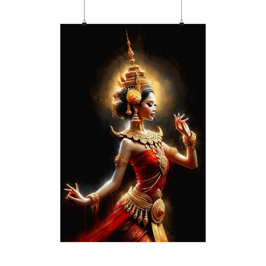 Matte Poster - Cambodian Red and Gold Apsara Dancer Print - Traditional Modern Khmer Art on Matte Poster