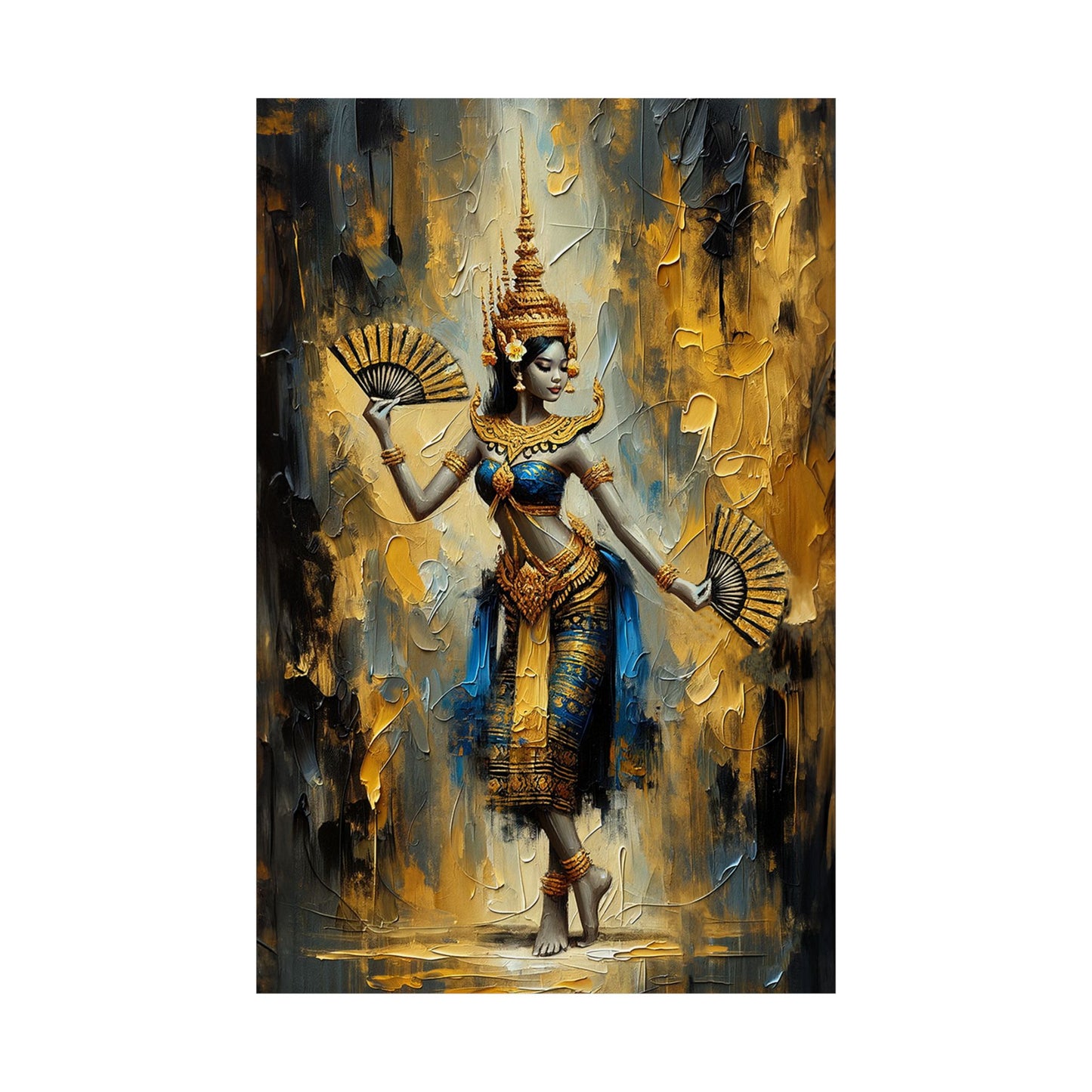 Matte Poster - Cambodian Blue and Gold Apsara Dancer with Fans Print - Traditional Modern Khmer Art on Matte Poster