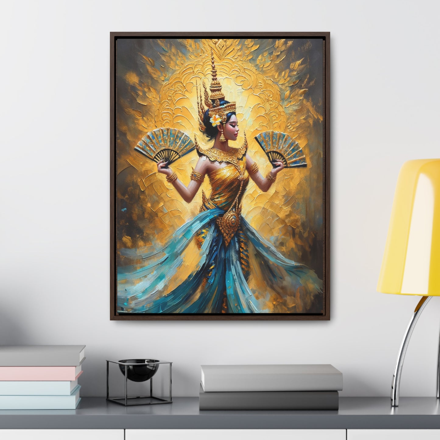 Framed Canvas - Blue and Gold - Cambodian Apsara Dancer Print - Traditional Modern Khmer Art  on Canvas