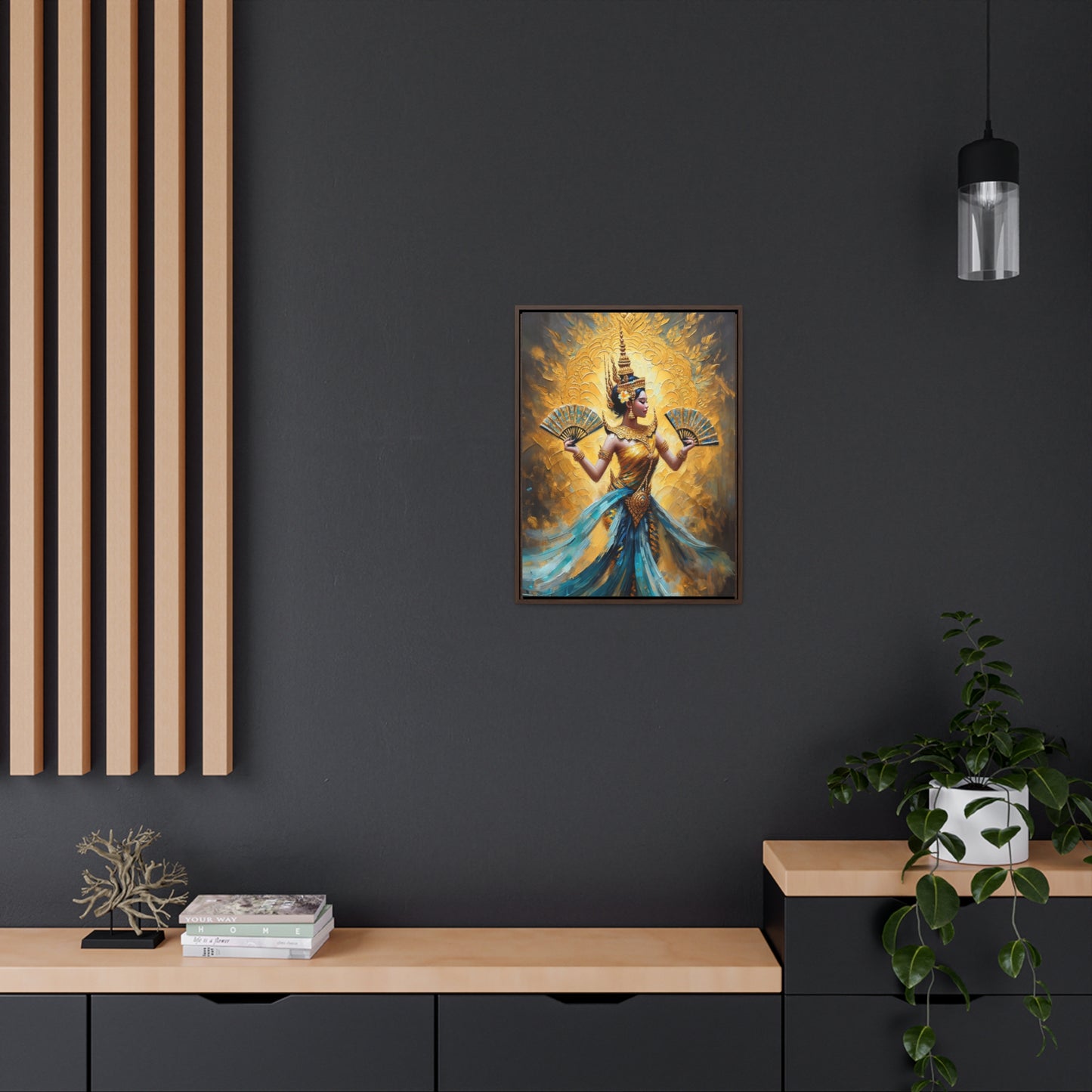 Framed Canvas - Blue and Gold - Cambodian Apsara Dancer Print - Traditional Modern Khmer Art  on Canvas