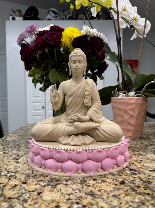 Serene Teaching Buddha Statue - 3D Printed Dharmachakra Buddha Figurine with Optional Lotus Base - Spiritual Decor in Multiple Finishes