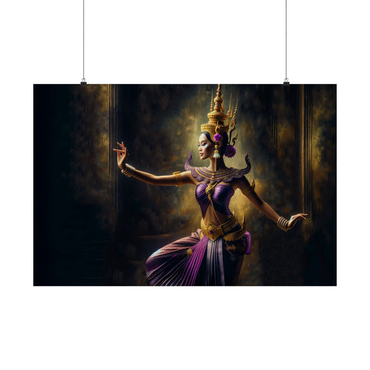 Matte Poster Horizontal - Cambodian Purple and Gold Apsara Dancer Print - Traditional Modern Khmer Art on Matte Poster