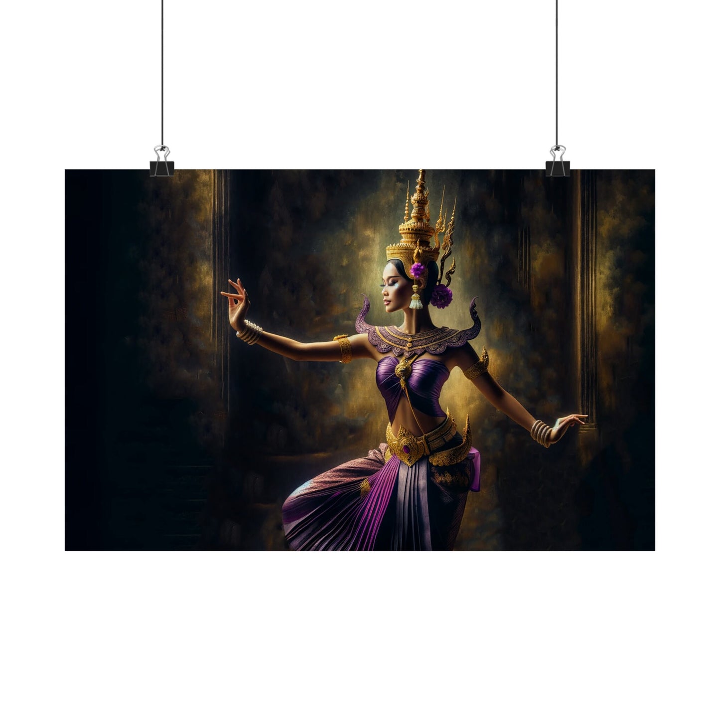 Matte Poster Horizontal - Cambodian Purple and Gold Apsara Dancer Print - Traditional Modern Khmer Art on Matte Poster