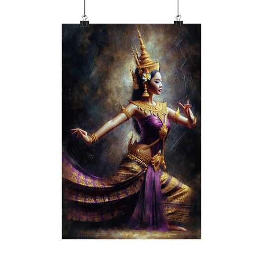Matte Poster - Cambodian Purple and Gold Apsara Dancer Print - Traditional Modern Khmer Art on Matte Poster
