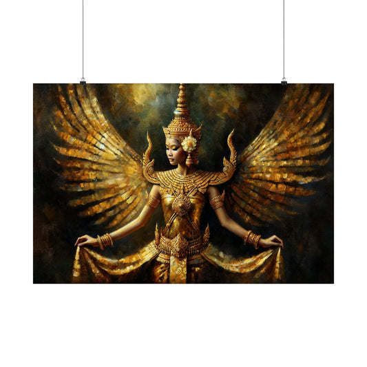 Matte Poster Horizontal - Cambodian Gold and Gold wings Apsara Dancer Print - Traditional Modern Khmer Art on Matte Poster