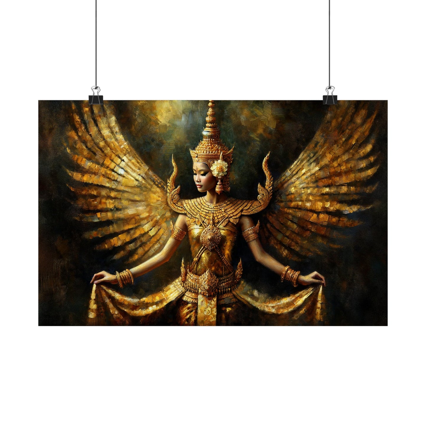 Matte Poster Horizontal - Cambodian Gold and Gold wings Apsara Dancer Print - Traditional Modern Khmer Art on Matte Poster