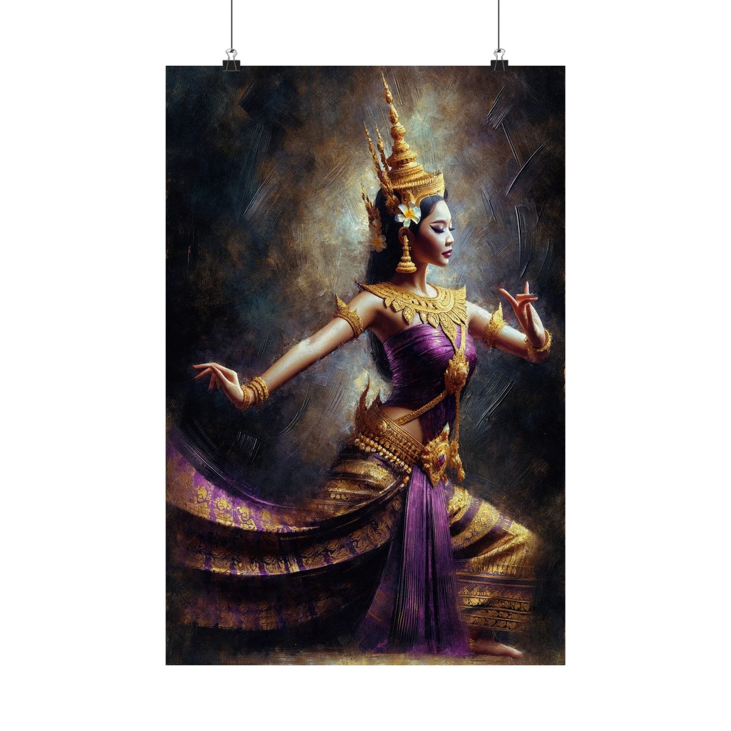 Matte Poster - Cambodian Purple and Gold Apsara Dancer Print - Traditional Modern Khmer Art on Matte Poster